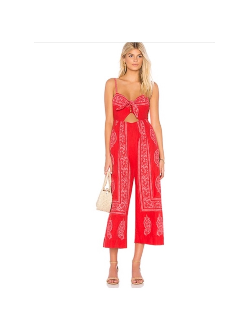 Free People Feel The Sun Jumpsuit Red Paisley Linen Blend Women’s Size 8